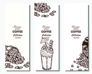 Coffee illustration. Hand drawn vector banner. Coffee beans, dessert, bag