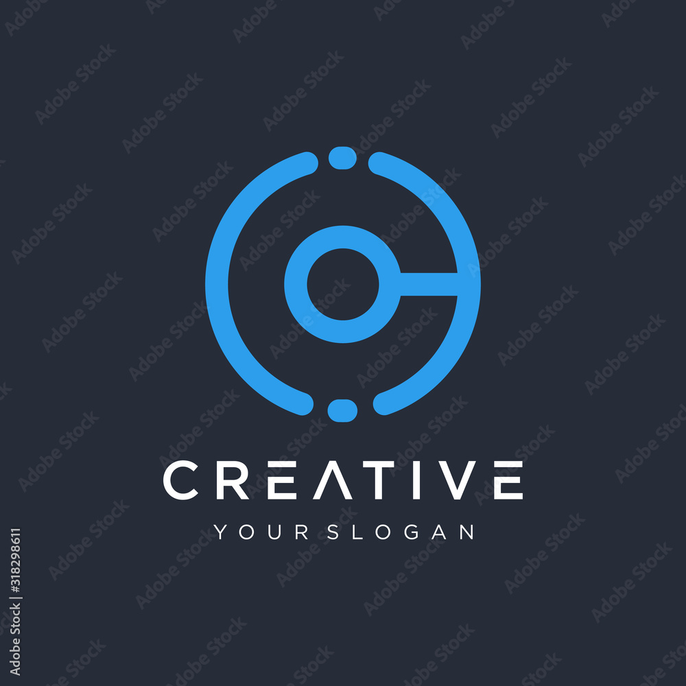 Poster initial c logo design with chip element. logo the letter c in the form of abstract line art. symbol 