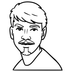 Monochrome vector illustration of a young man with short hair and mustache with a goatee. cool look, avatar, hand drawn.