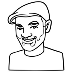 Hand drawn illustration of a man with a full beard and cap. laugh, emotions, cartoon, avatar, monochrome.