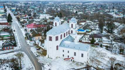 Aerial view of medieval catholic church in belarusian city of Mstislavl. Travel concept.