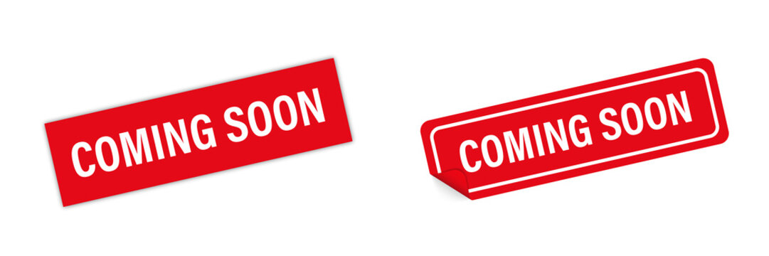 Red sticker coming soon vector isolated. Curved corner with shadows. Banner sale tag. Price flyer label.