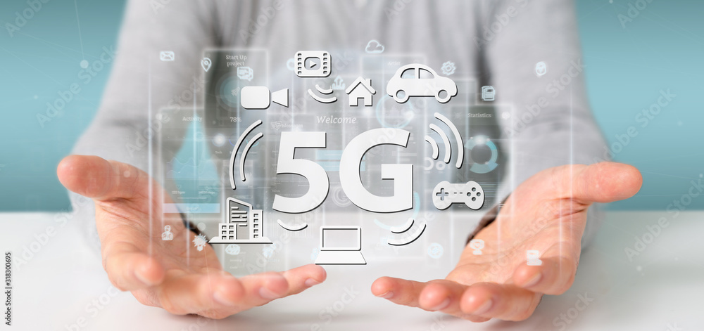 Aufkleber businessman holding a 5g connection with data surrounding - 3d rendering