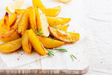 Homemade baked potato fries with rosemary on white wooden board