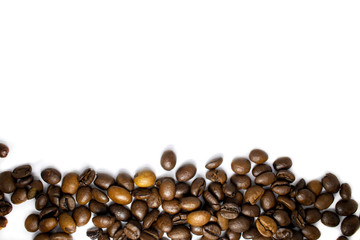 Coffee beans background, roasted coffee beans on a white background, space for text.