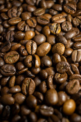 Dark background and texture of coffee beans, selective focus, closeup grains.