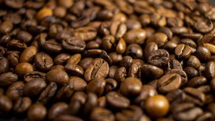Dark background and texture of coffee beans, selective focus, closeup grains.