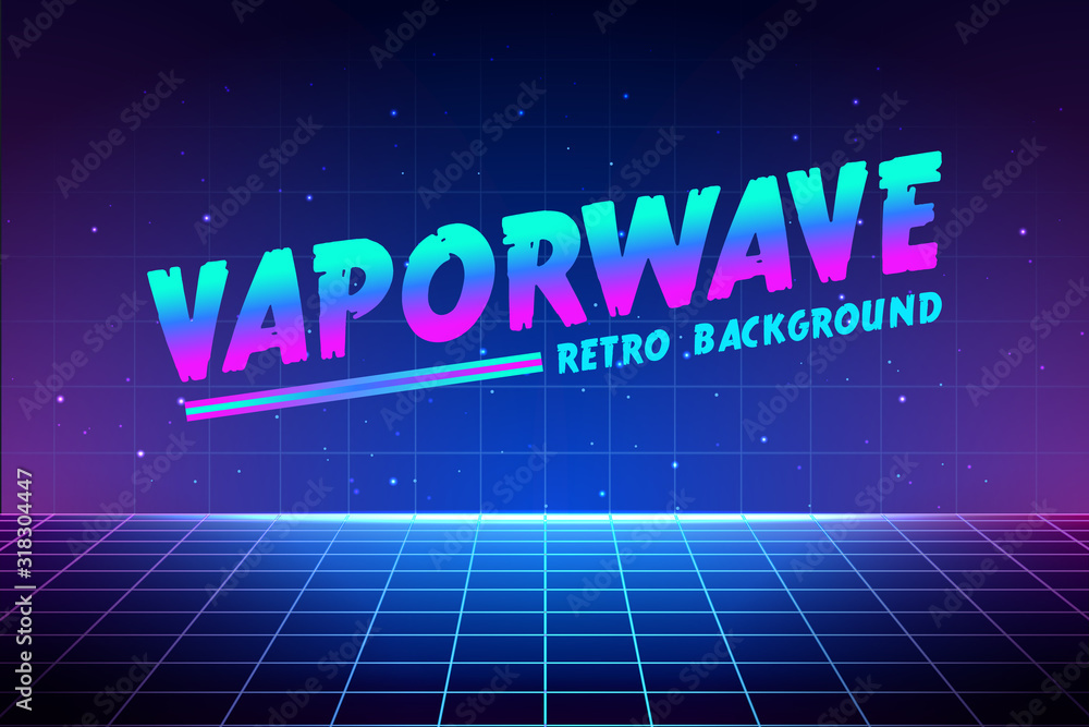 Poster vaporwave text on laser grid background. retro geometric illustration witn neon color and gradient. 