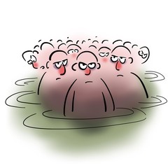 Red-nosed men in green liquid