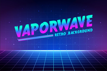 Vaporwave text on laser grid background. Retro geometric illustration witn neon color and gradient. Abstract stage and night star sky. Template for music poster, cover, flyer in 80s style.