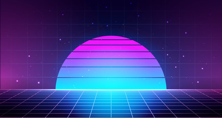 Retro background with laser grid, abstract landscape with sunset and star sky. Vaporwave, synthwave 80s cyberpunk style illustration. Minimal template for poster, flyer, cover, music festival, dj set. - obrazy, fototapety, plakaty