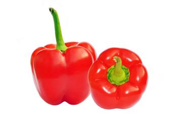 Two red sweet paprika peppers isolated on white for design packaging