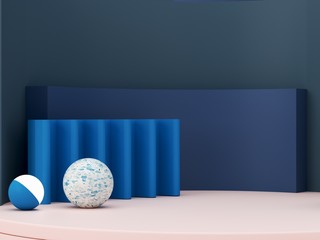 Minimal scene with podium and abstract background. Geometric shape. Classic Blue winter colors scene. Minimal 3d rendering. Scene with geometrical forms and textured background. 3d render. 