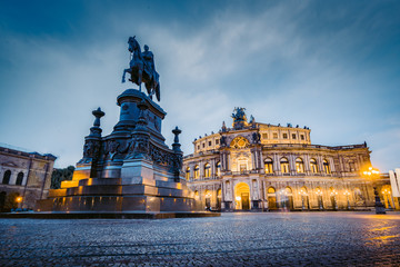 Dresden Semperoper with dramatic sky at twilight, Saxony, Germany