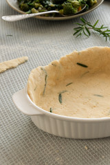 Cooking dough with fresh rosemary, homemade bakery themes, culinary and food concept