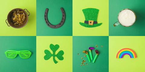 St Patricks day holiday concept with lucky charms, shamrock and beer glass on green background.