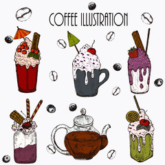 Hand drawn vector illustration set with coffee beans, dessert,