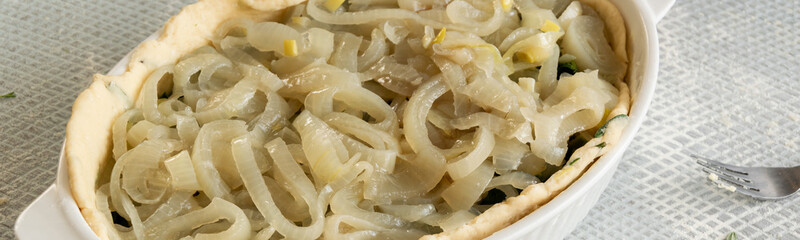 Cooking Italian schiacciata with vegetables and onion, homemade bakery themes, culinary and food concept