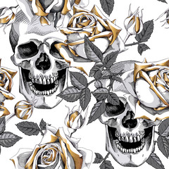 Naadloze patroon met gouden roze bloemen, bladeren, knoppen en zilveren schedels op een witte achtergrond. Vector illustratie.