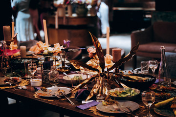 Beautiful wedding decoration in tropical style on river shore, close-up