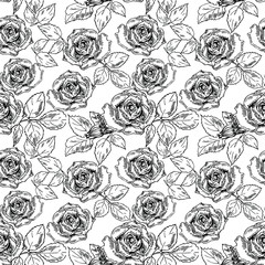 Roses with leaves. Seamless vector pattern in line art style.