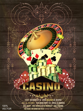 Wheel of fortune jackpot big win, casino poker club cash golden coins splash. Vector gambling roulette, cards, money, chips, Vegas and Texas royal poker game gamble on wooden background.