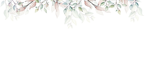 Watercolor painted floral frame on white background. Arrangement with branches and leaves. - obrazy, fototapety, plakaty