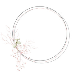 Watercolor painted floral wreath on white background. Arrangement with eucalyptus branch and pink gold dust leaves.