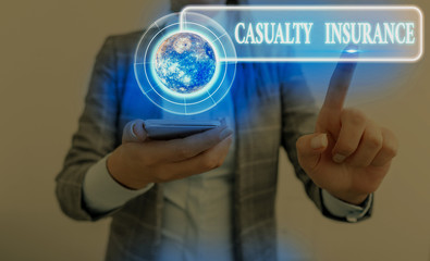 Word writing text Casualty Insurance. Business photo showcasing overage against loss of property or other liabilities Elements of this image furnished by NASA