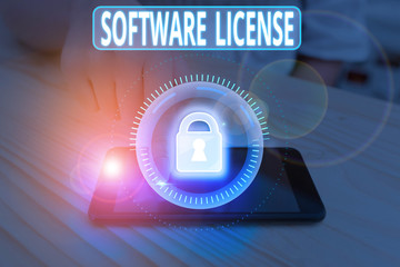 Text sign showing Software License. Business photo showcasing legal instrument governing the...