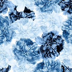 Panele Szklane  Streszczenie klasyczny niebieski akwarela czeskiego bezszwowe wzór. Ręcznie malowane tła. Na białym tle ciemne i jasnoniebieskie kwiaty piwonii i liście. Drukuj na tekstylia, tkaniny, projekt zaproszenia na ślub