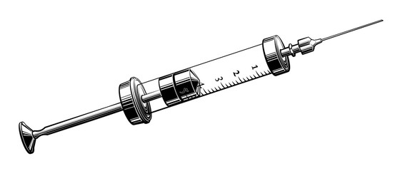 Glass syringe vector illustration in black and white. Hand drawn vintage syringe in ink.