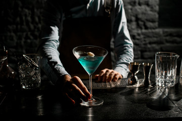 Bartender serving a blue alcoholic cocktail in a martini glass decorated with a dry spikelet