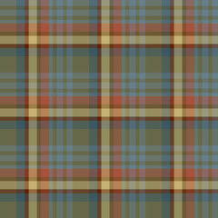 Seamless pattern in creative dark swamp green, blue, yellow, red and grey colors for plaid, fabric, textile, clothes, tablecloth and other things. Vector image.