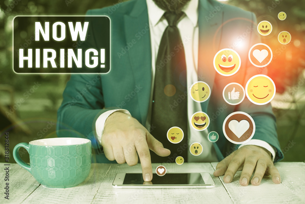 Poster text sign showing now hiring. business photo text finding evaluating working relationship with futur