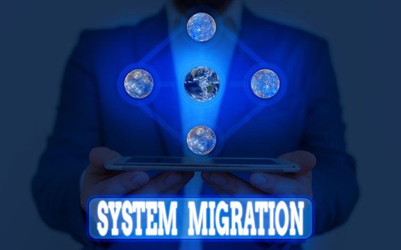 Text sign showing System Migration. Business photo showcasing moving from the use of one operating environment to another Elements of this image furnished by NASA