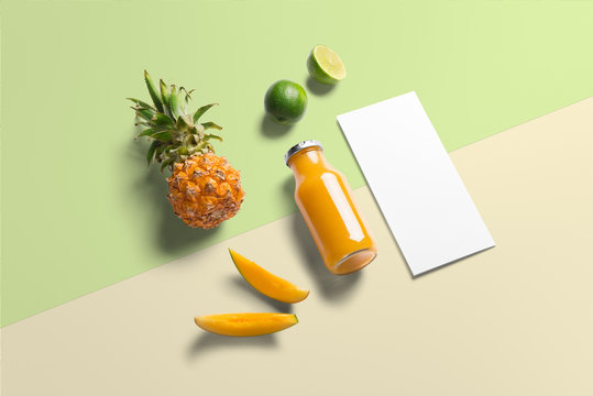 Healthy eating, organic fresh fruits, mango, pineapple, lime, juice bottle and flyer template, isometric view