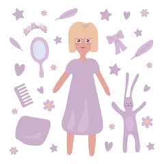Sweet vector cute blond doodle girl with the liliac dress and things isolated on the white background.