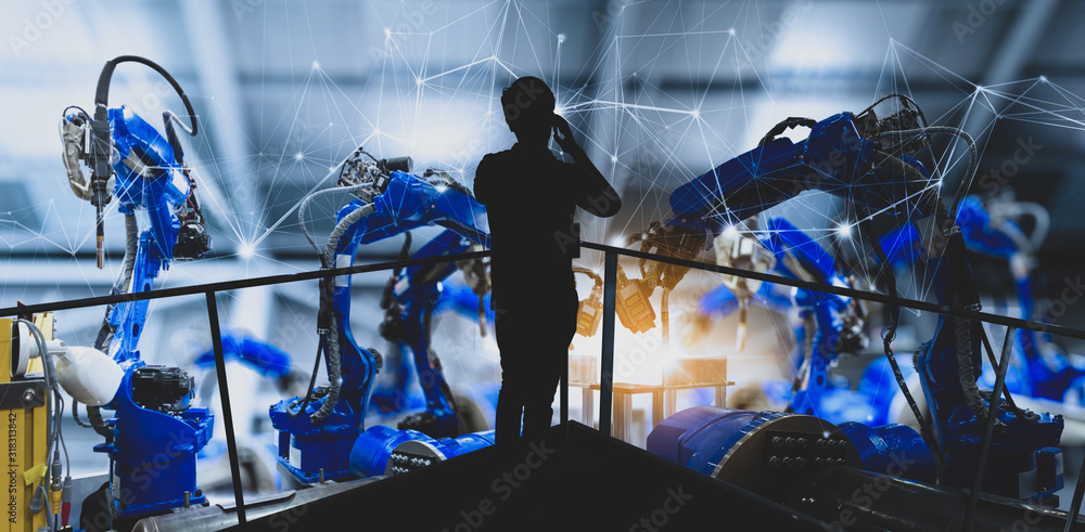 Aufkleber Factory Industrial Engineer working with automation robot arms machine in intelligent factory industrial on real time monitoring system software.Digital future manufacture in control area.