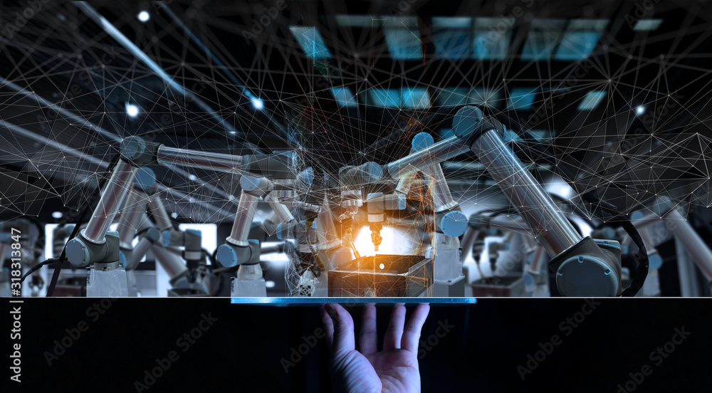 Aufkleber Industrial Engineer hand working with digital tablet automation robot arms machine in intelligent factory industrial on real time monitoring system software.Digital future manufacture.