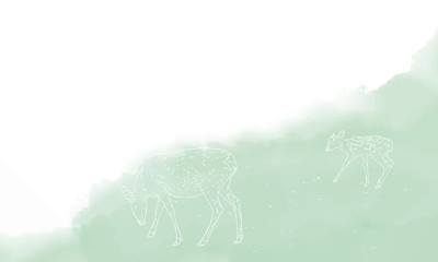 鹿のリアルな線画と水彩風背景