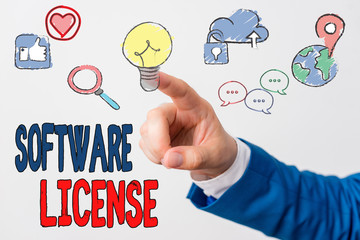 Writing note showing Software License. Business concept for legal instrument governing the...