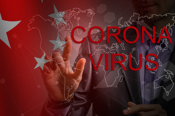 businessman hand showing digital corona virus
