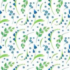 Fototapeta premium Blue flowers blossoms flat vector retro seamless pattern. Floral backdrop. Daisy and cornflower decorative background. Blooming meadow wildflowers. Vintage textile, fabric, wallpaper design