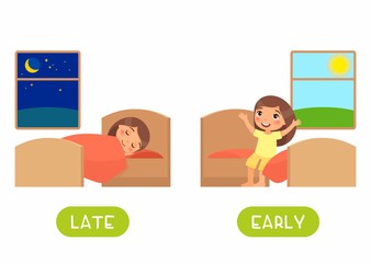 Late and early antonyms flashcard flat vector template. Word card for english language learning with cartoon character. Opposites concept. Girl waking up and sleeping illustration with typography