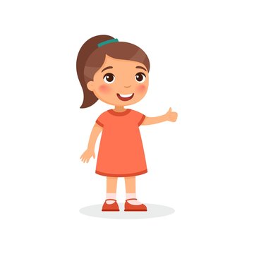 Cute Girl Showing Thumbs Up Gesture Color Flat Vector Illustration. Happy  Little Kid In Red Dress And Dark Hair Ponytail. Smiling Toddler, Preteen  Child Cartoon Character Isolated On White Background Stock Vector |