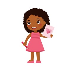 Little girl holding handmade greeting card flat vector illustration. Valentines Day. Smiling child character with greeting card. February 14 holiday isolated design element