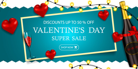 Valentine's day sale, up to 50% off, horizontal blue modern discount banner for Valentine's day with garland, hearts, transparent glass and realistic bottle with bow, vector illustration