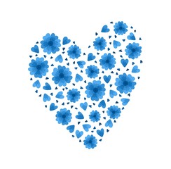 Blue flowers hearts flat vector template. Wildflowers blossoms and petals on white background. Floral elements flat vector illustrations..Flowers isolated decoration