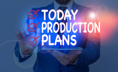 Writing note showing Production Plans. Business concept for deciding how to go about producing a...